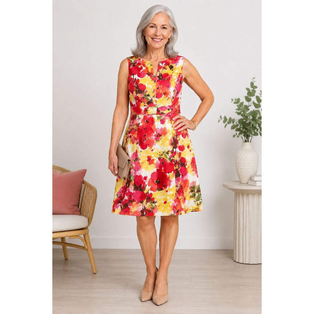 Charter Club Petite Floral Sheath Dress 12P Belted Sleeveless Spring Midi